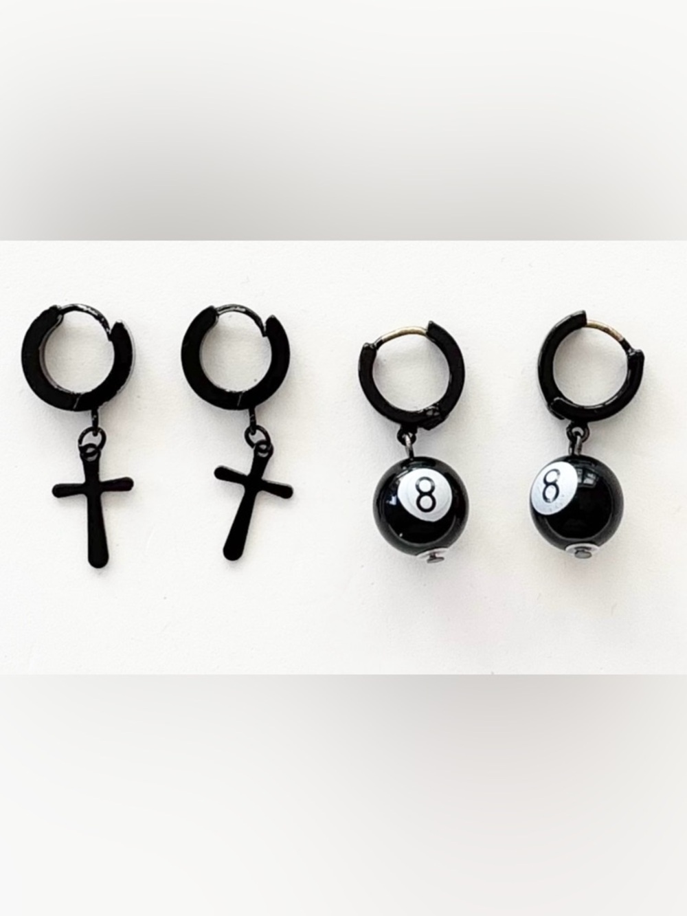 Black Hoop Earrings with Cross and 8-Ball Charms 2 Pair Goth Emo Earrings